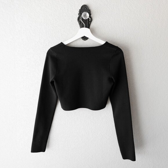 Zara Crop Top Sz Large Black Square Neck Long Sleeve Stretchy Minimalist Chic - Picture 4 of 5